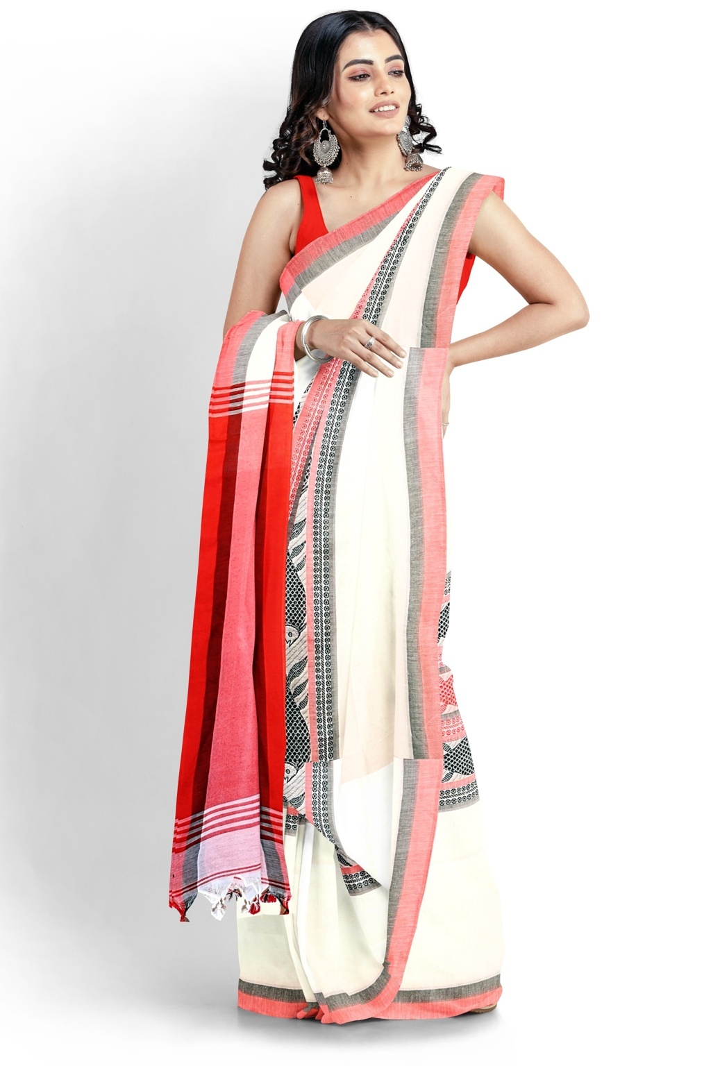 White Red Pure Cotton Marine Hand Loom Saree (1277)